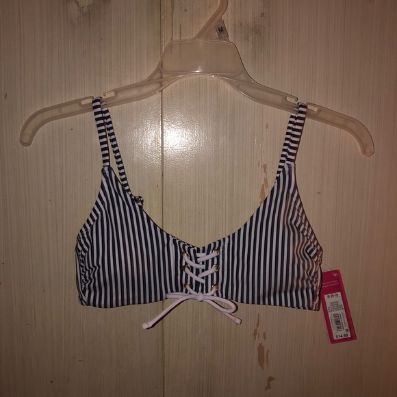 NWT Lace-up Front Bralette Bikini Top BlueStripe-S - Picture 5 of 6